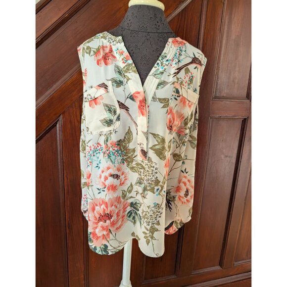 One World Floral Bird Print Sleeveless Blouse Size M - Picture 1 of 9